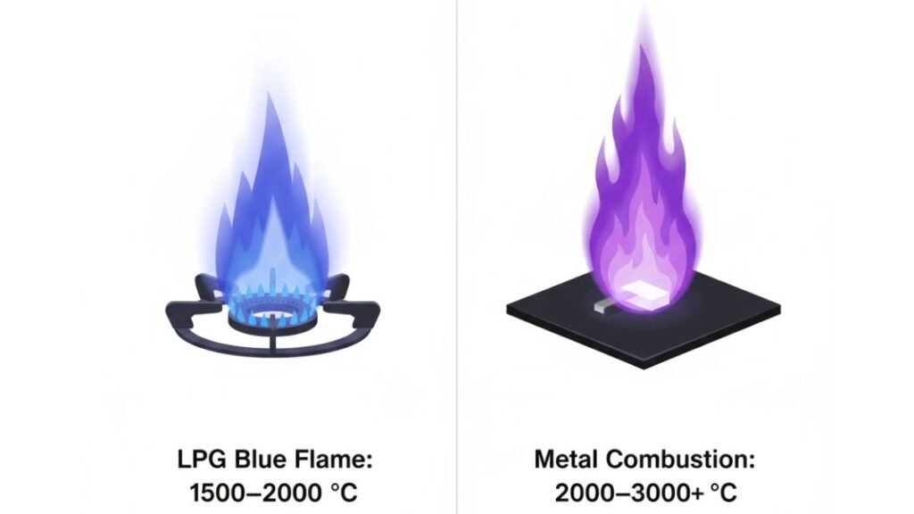 Real-life examples showing LPG blue flame and metal violet flame for sabse garm aag kis rang ki hoti hai