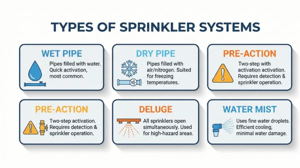 Different types of fire sprinkler systems – Wet, Dry, Pre-Action, Deluge, Water Mist