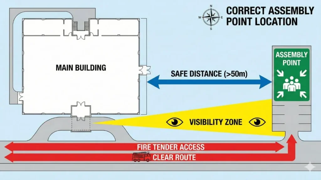 Correct location of Assembly Point as per fire safety rules