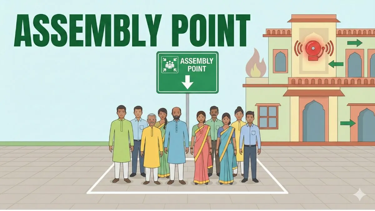 Assembly Point in Fire Safety showing safe gathering area during fire evacuation