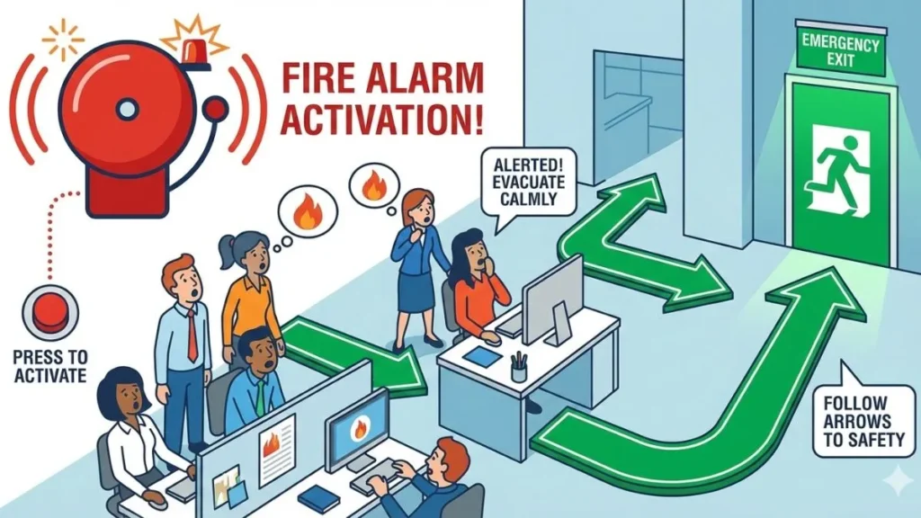 Fire Evacuation Plan showing fire alarm activation and evacuation trigger