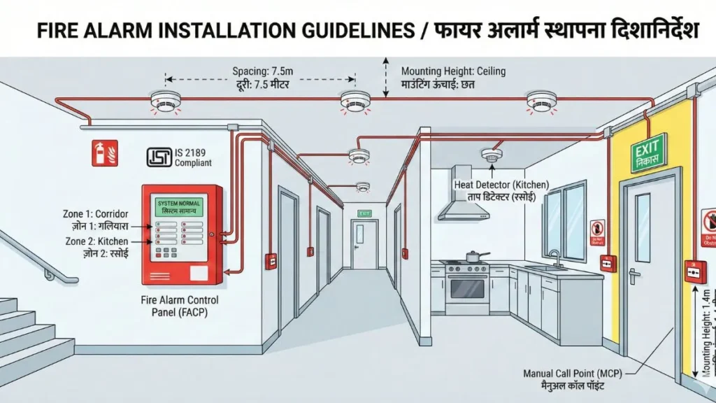 7 Must-Know Fire Alarm System in Hindi – Types & IS Code 5 Fire alarm system installation guidelines in India showing detector spacing, control panel, wiring and zoning diagram