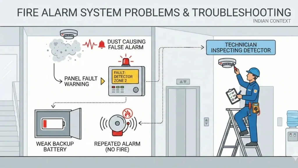 7 Must-Know Fire Alarm System in Hindi – Types & IS Code 7 Fire alarm system common problems and troubleshooting diagram showing false alarm, detector fault and panel issue
