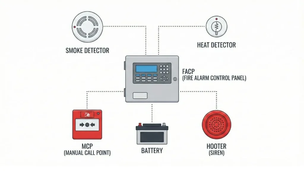 7 Must-Know Fire Alarm System in Hindi – Types & IS Code 4 Fire Alarm System components – panel, detector, hooter aur battery