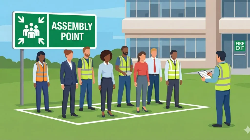 Fire Evacuation Plan assembly point vector illustration