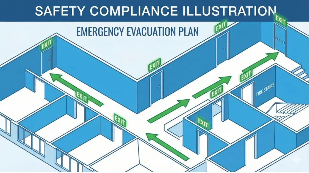 Fire Evacuation Plan escape routes and emergency exits vector illustration