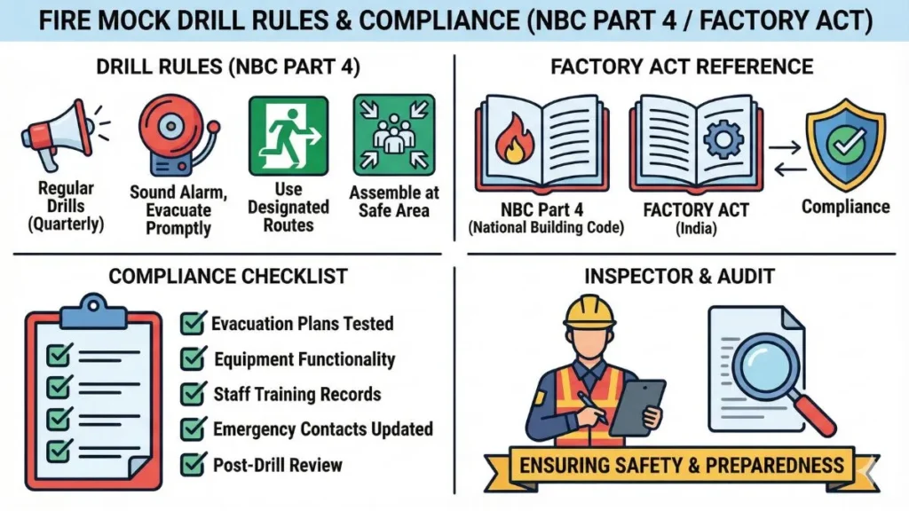 Fire mock drill rules as per NBC and Indian fire safety guidelines