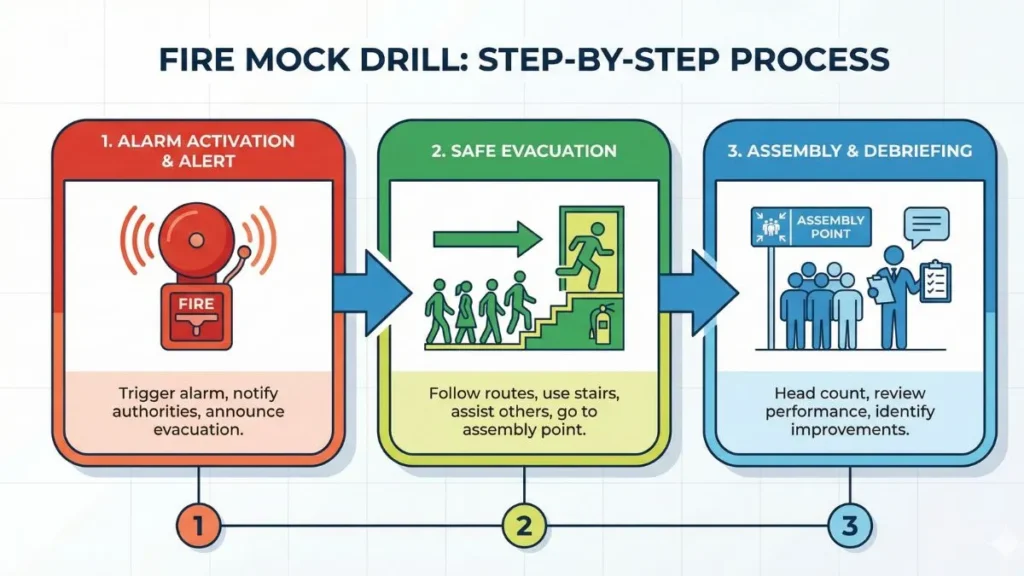 Fire mock drill steps illustrated in step-by-step safety procedure