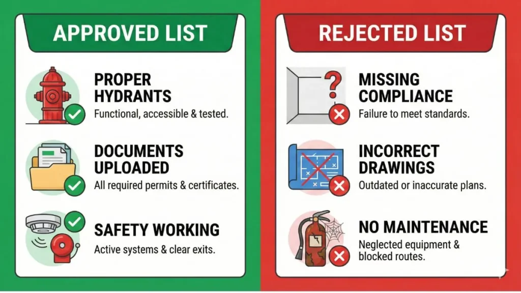 Fire NOC approval and rejection reasons infographic