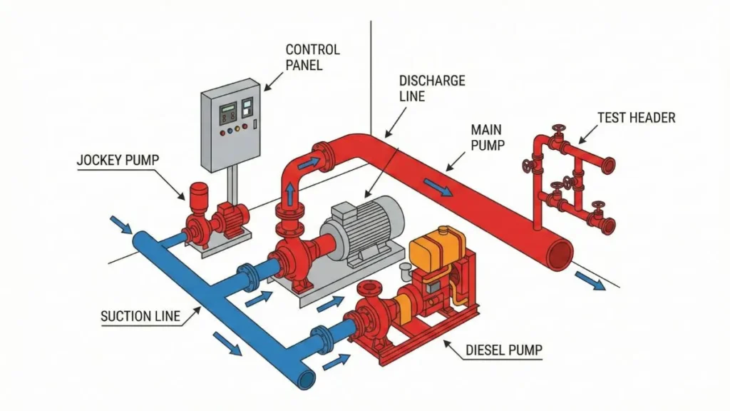 Fire Pump Components Layout – Jockey Pump, Main Pump, Diesel Pump & Test Header Diagram
