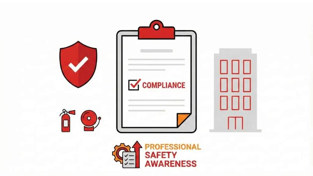 Fire Safety Audit meaning illustrated with safety document and building compliance icons