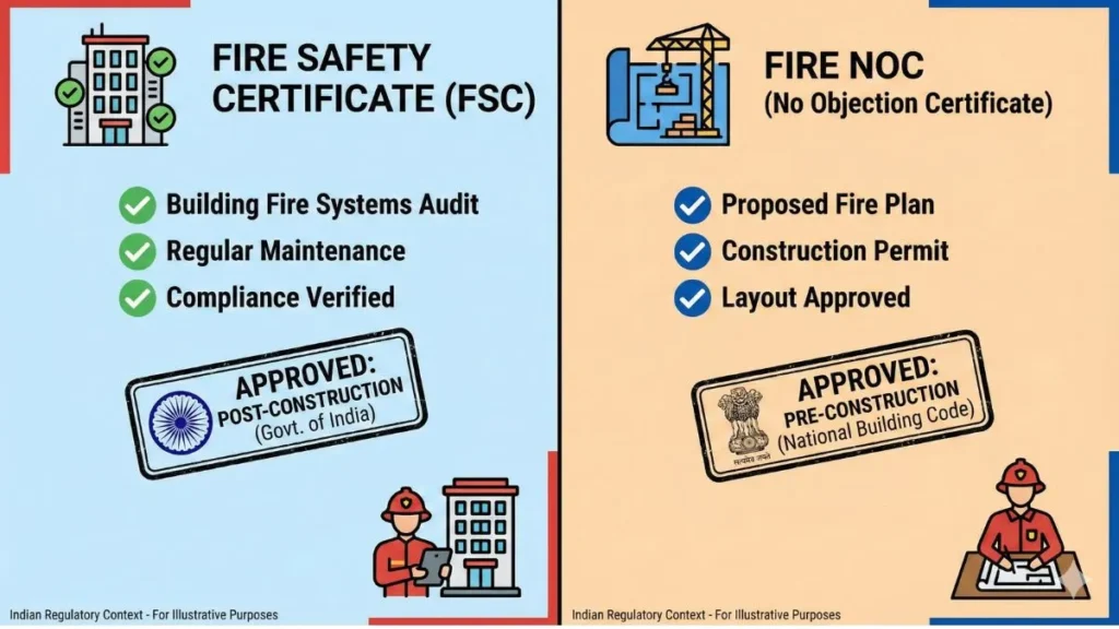 Difference between Fire Safety Certificate and Fire NOC explained visually