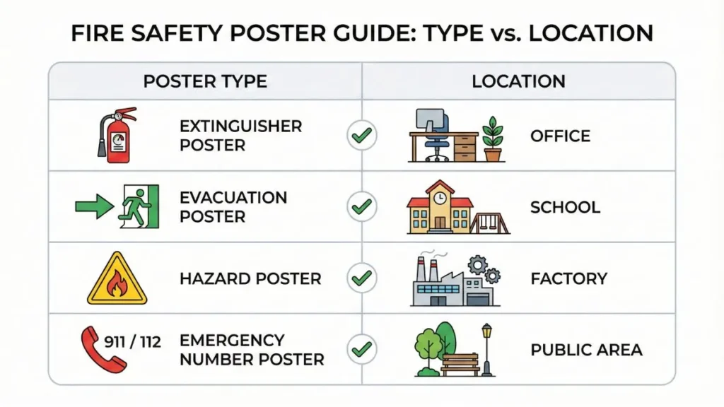 Comparison chart of where to install each fire safety poster