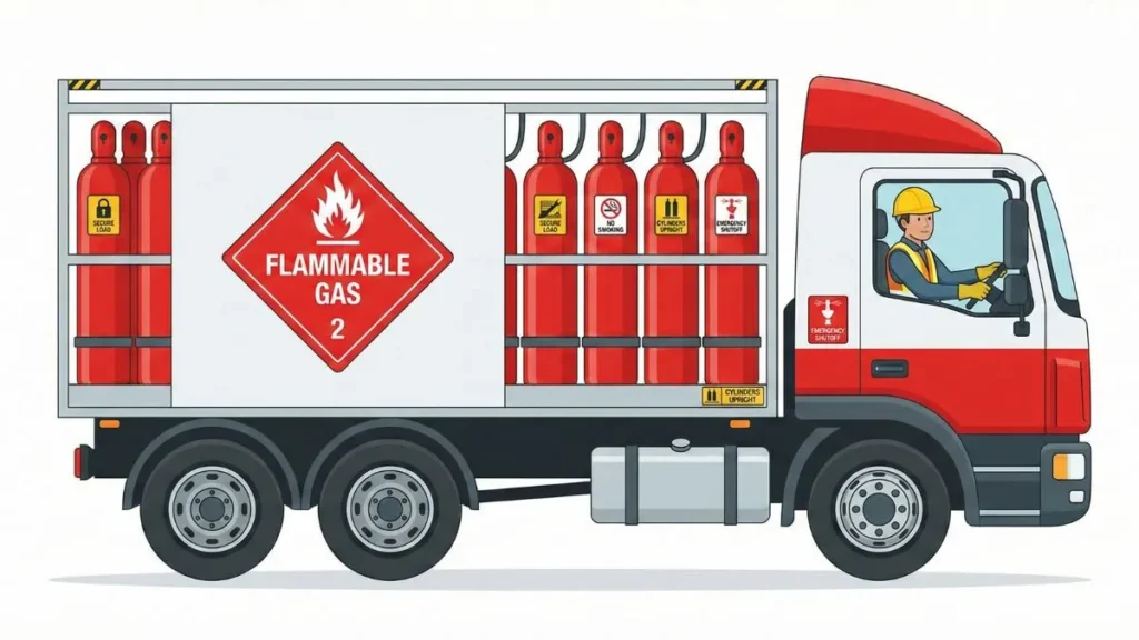 Transport vehicle carrying upright gas cylinders with red flammable gas signage, PPE-wearing driver, safety labels, vector illustration, white background
