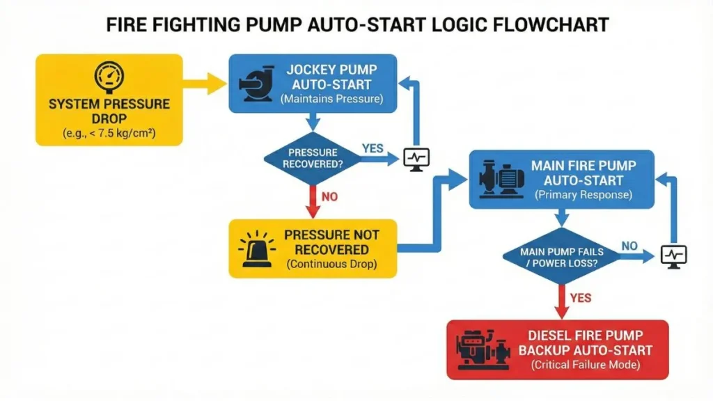 Jockey Pump Auto Start to Main Pump Trigger Flowchart