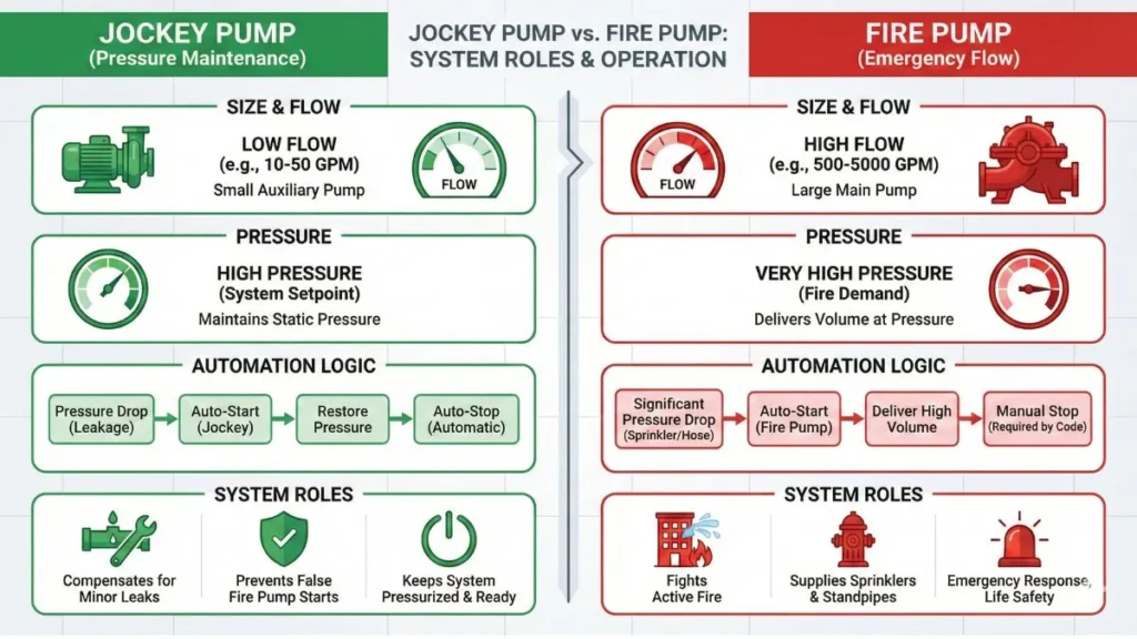 Jockey Pump vs Fire Pump – Key Differences Comparison Graphic