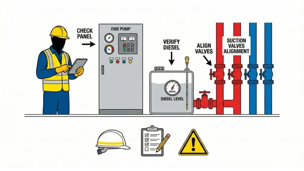 Fire Pump Testing Safety Preparations – PPE, Valve Line-up & Documentation Check Illustration
