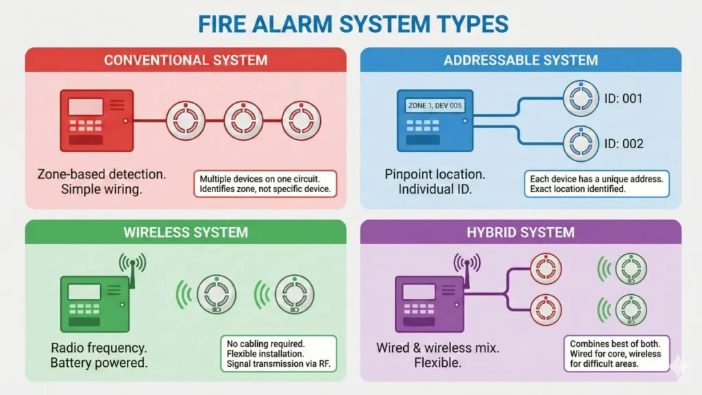 7 Must-Know Fire Alarm System in Hindi – Types & IS Code 3 Types of Fire Alarm System – conventional, addressable aur wireless system