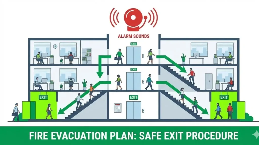 Fire Evacuation Plan concept vector diagram for emergency escape