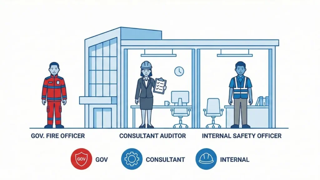 Vector explaining government, third-party and internal auditors performing fire safety audit