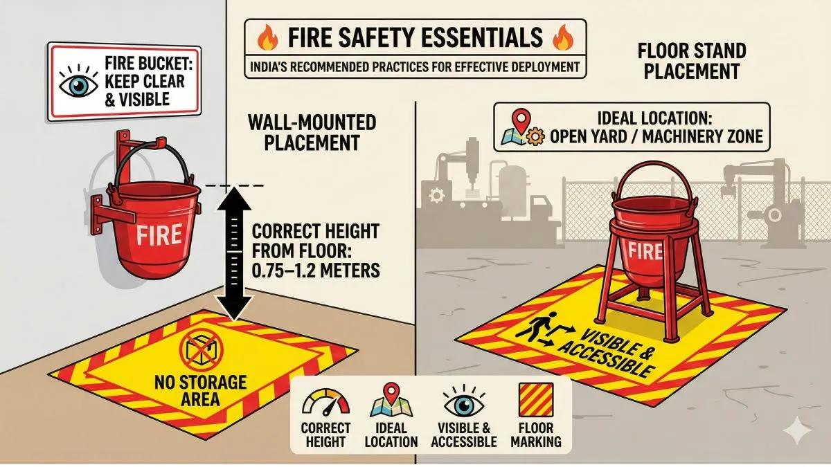 Vector infographic showing correct fire bucket placement in India — includes rounded-bottom bucket, ideal height, visibility signage, and floor marking zone.