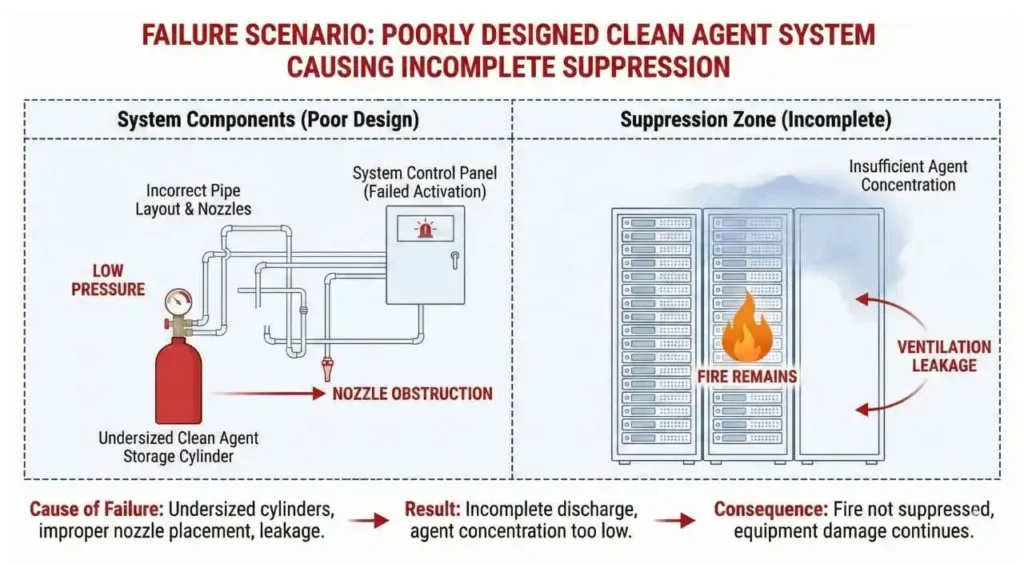 What happens if clean agent fire suppression system fails?