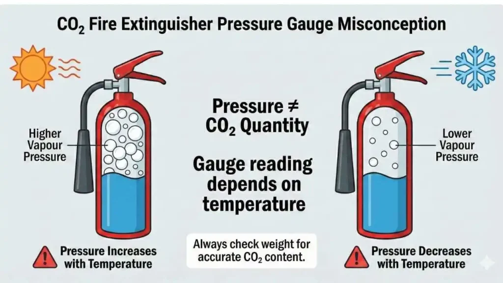 CO₂ Fire Extinguisher No Pressure Gauge why pressure gauge is misleading due to temperature change