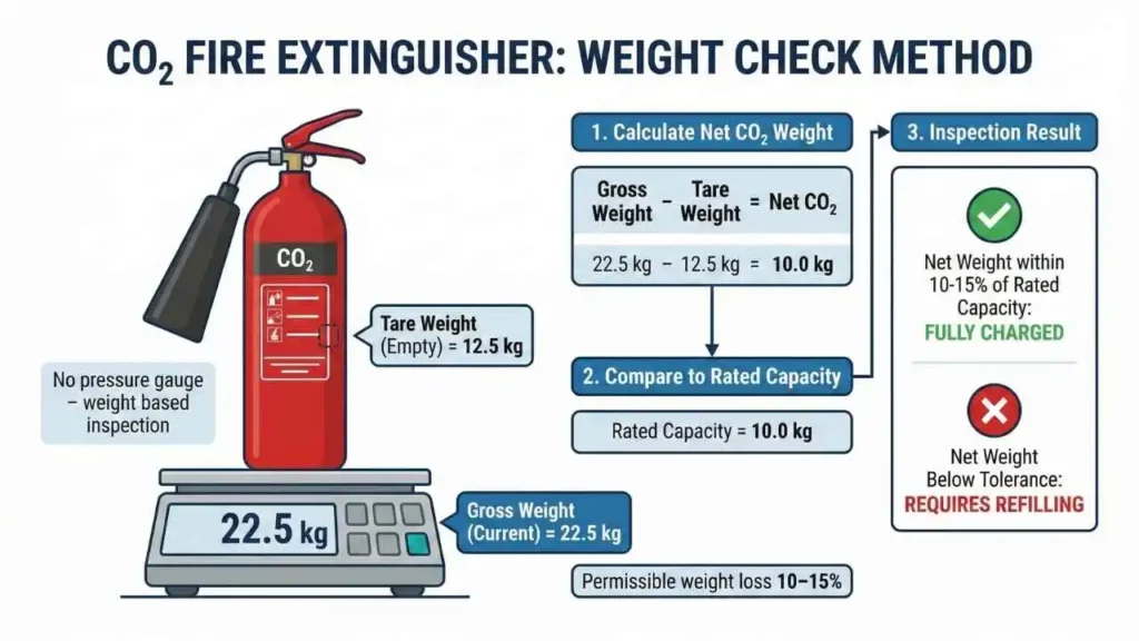 CO₂ Fire Extinguisher No Pressure Gauge weight check method to identify fully charged cylinder