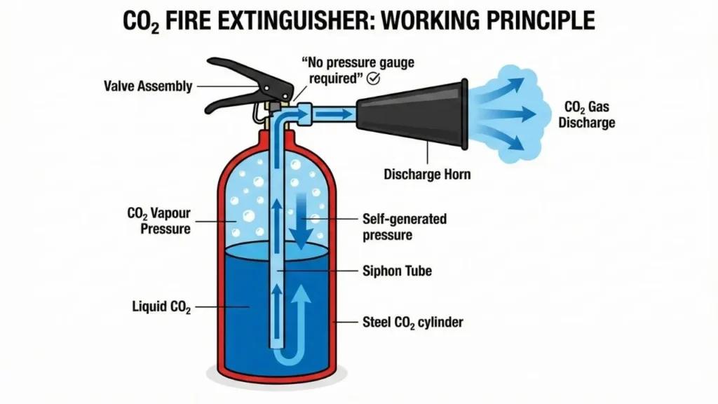 CO₂ Fire Extinguisher No Pressure Gauge working principle showing liquid CO2 and vapour pressure