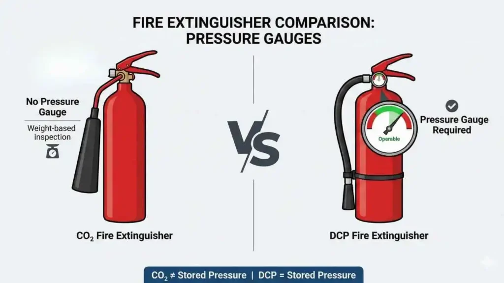 CO₂ Fire Extinguisher No Pressure Gauge vs DCP fire extinguisher with pressure gauge comparison