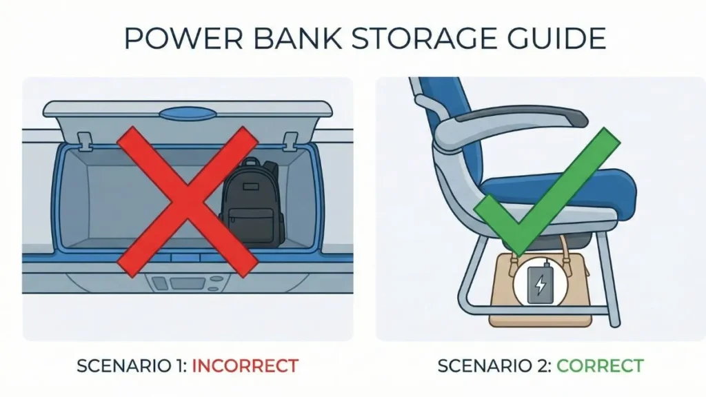 Correct storage of power banks in handbag according to DGCA New Rules for Power Banks.