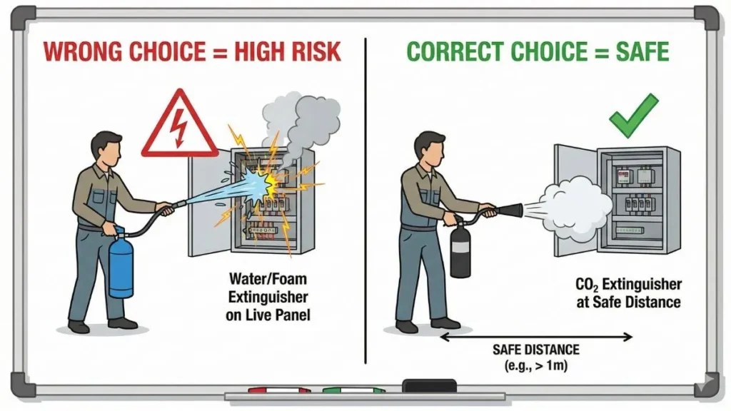 Electrical fire में सही और गलत fire extinguisher उपयोग दिखाता इंफोग्राफिक