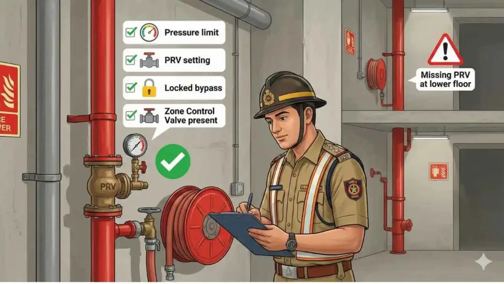 Fire audit me PRV in Fire Fighting System kaha expected hota hai?