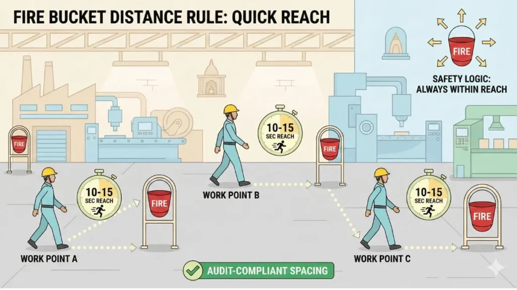 Fire bucket distance rule showing 10–15 seconds reach concept in an industrial site in India