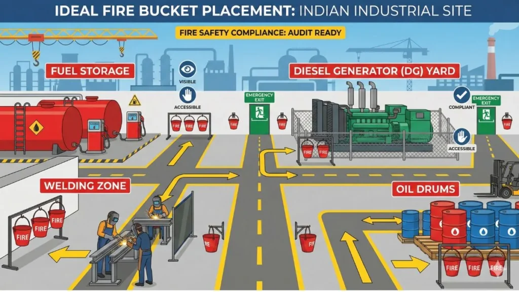 Ideal fire bucket placement near fuel area welding zone and DG yard in industrial site India