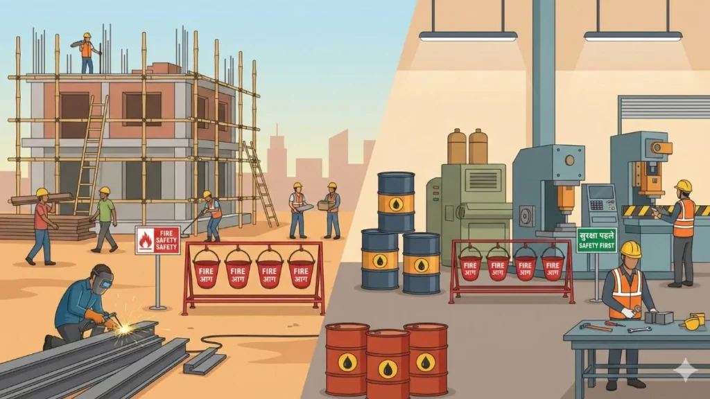 Fire bucket used at construction and industrial site for temporary fire safety