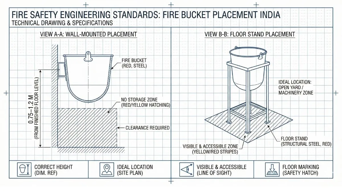 Fire bucket placement rules India showing correct wall mounted and floor stand height