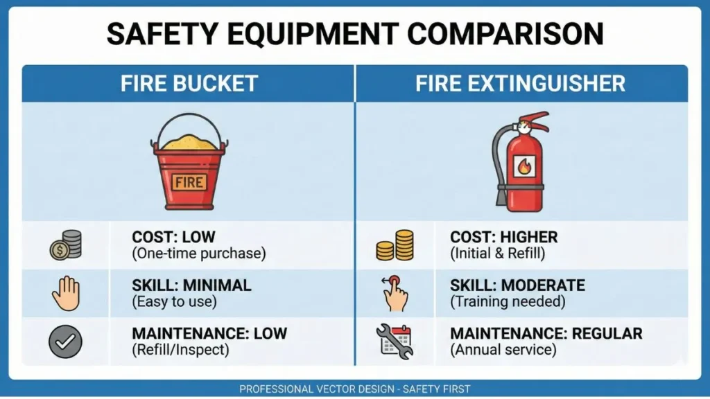 Fire bucket vs fire extinguisher comparison