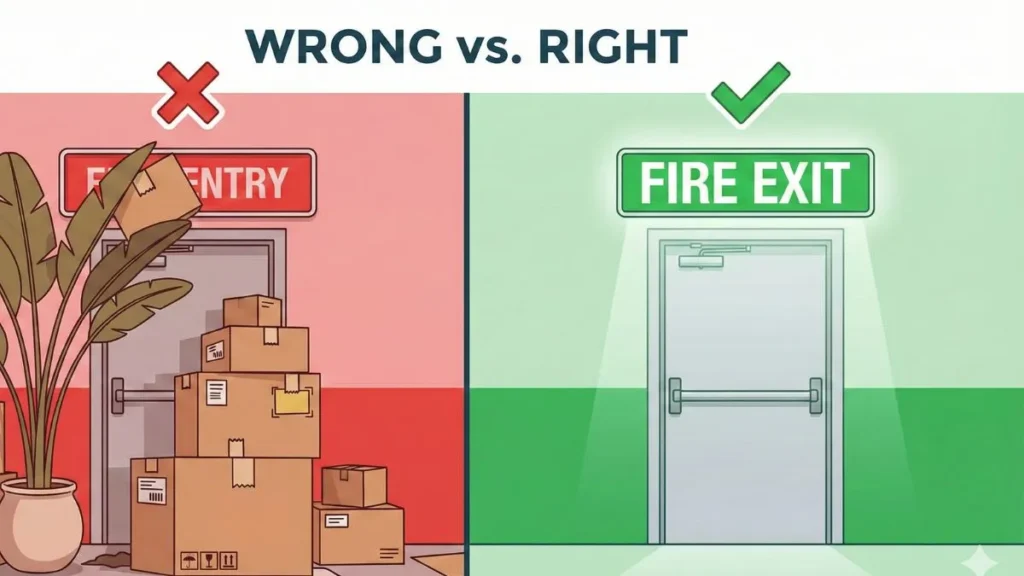 Comparison vector illustration showing a blocked and incorrectly marked fire exit versus a clear and correctly marked one.