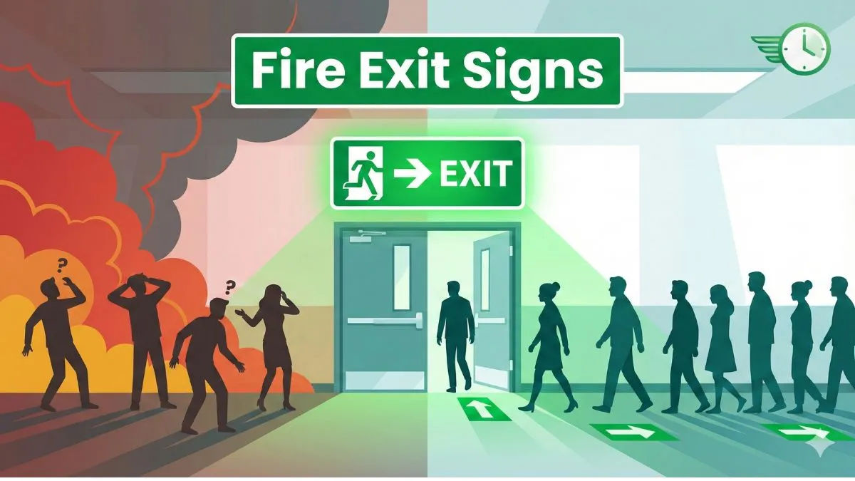 A split-view vector illustration of an office corridor during a fire emergency: the left side shows panicked silhouettes in red smoke, while the right side shows people following a glowing green "Fire Exit" sign and moving calmly toward safety.