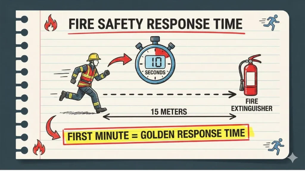 15 मीटर दूरी और golden response time समझाता fire safety इंफोग्राफिक