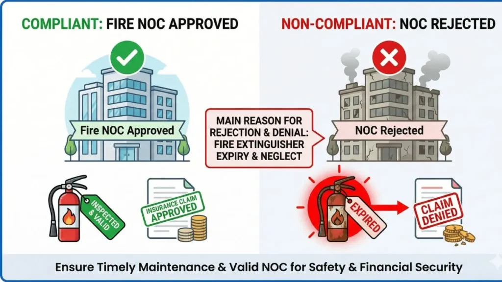 Fire extinguisher expiry impact on Fire NOC and insurance claim