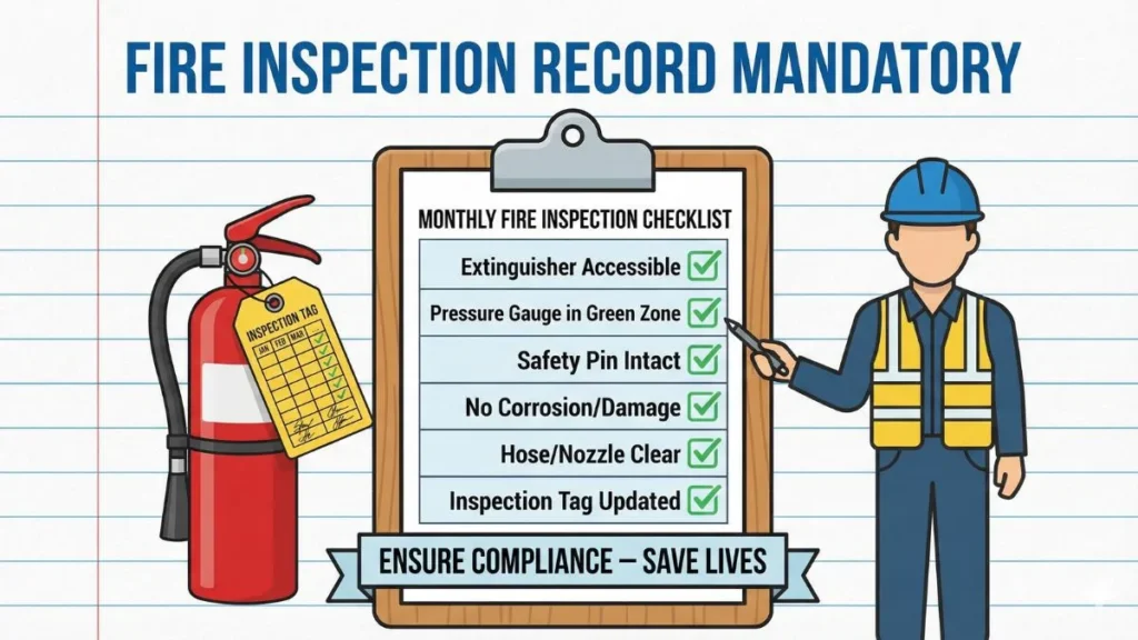 Monthly fire extinguisher inspection record और safety checklist का चित्र