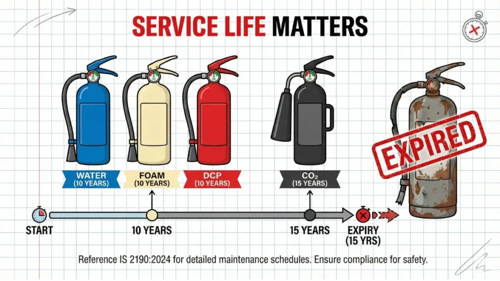 IS 2190 2024 अनुसार Fire extinguisher की service life और expiry period समझाता हुआ इंफोग्राफिक
