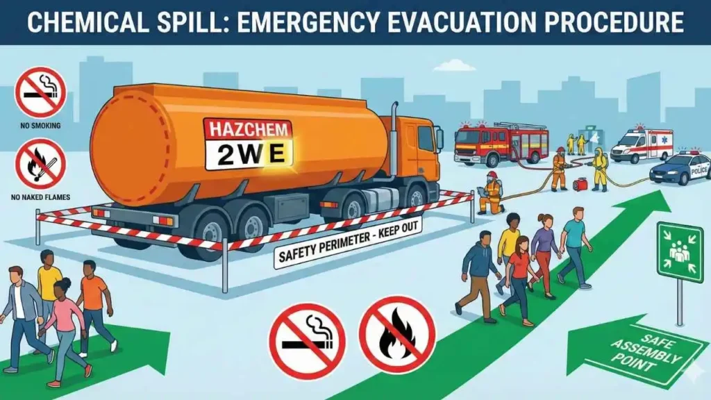HAZCHEM Code E का मतलब क्या है और evacuation कब जरूरी होती है?