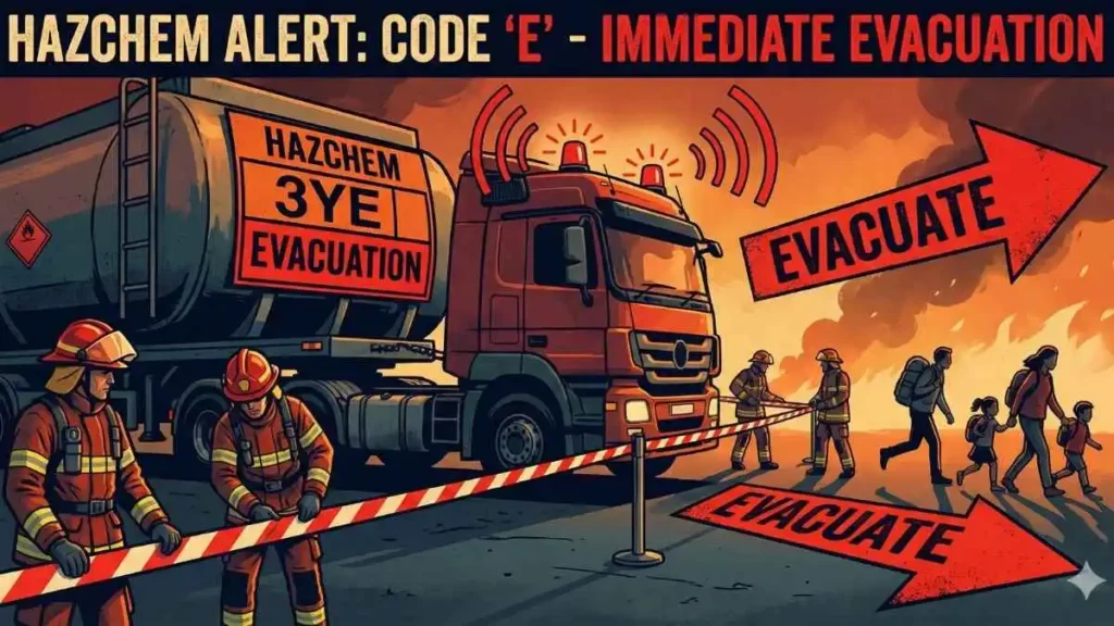 HAZCHEM Code E evacuation warning meaning and emergency response