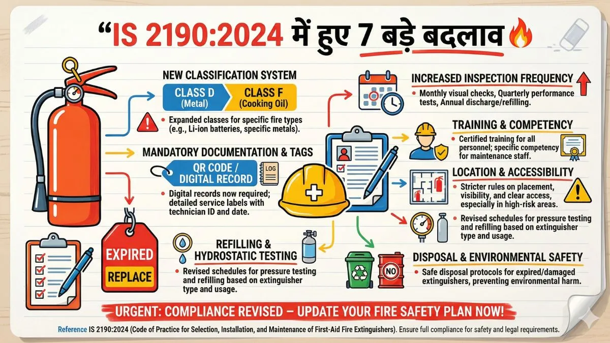 IS 2190:2024 में हुए 7 बड़े बदलाव दिखाने वाला फायर सेफ्टी इंफोग्राफिक
