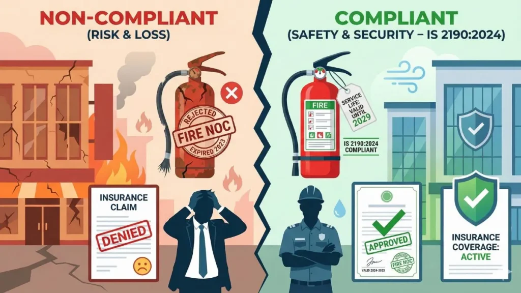IS 2190:2024 compliance vs non-compliance impact on Fire NOC and insurance claim