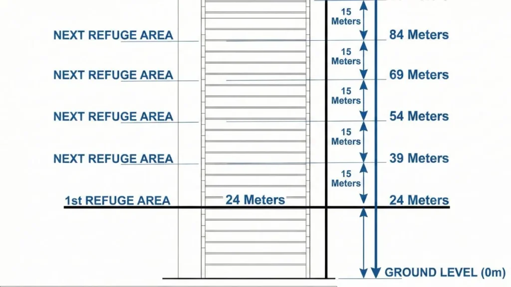 Architectural blueprint diagram showing NBC 2016 rules for refuge area placement at 24m height and 15m intervals.