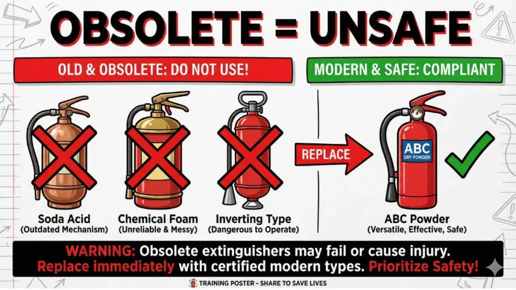Soda Acid और Chemical Foam fire extinguisher को obsolete दिखाता हुआ चित्र
